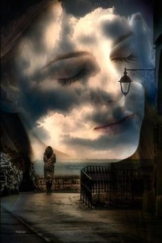 The girl looks at the storm.