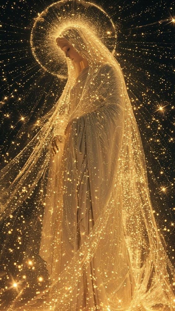 divine goddess in a sunny golden dress with a halo around her head stands against the backdrop of cosmic stars