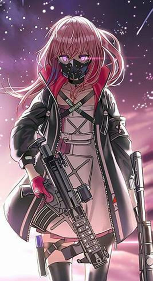 3d, semi realistic, a pink hair girl, vibrant pink eyes, a stern look, wearing a futuristic black mask that covers her mouth and nose, holdi...