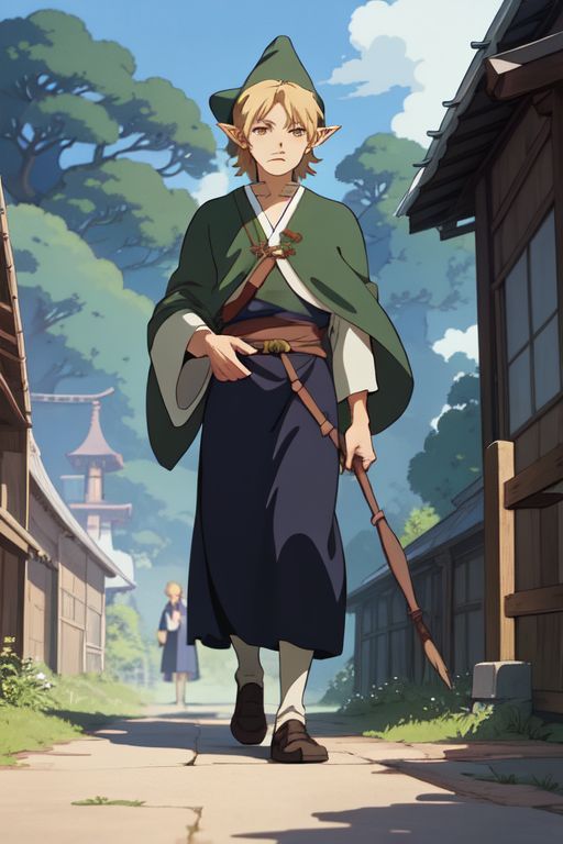 Young blonde wizard half elf, link, wearing robes and a wizard hat, studio ghibli artstyle, simple anime