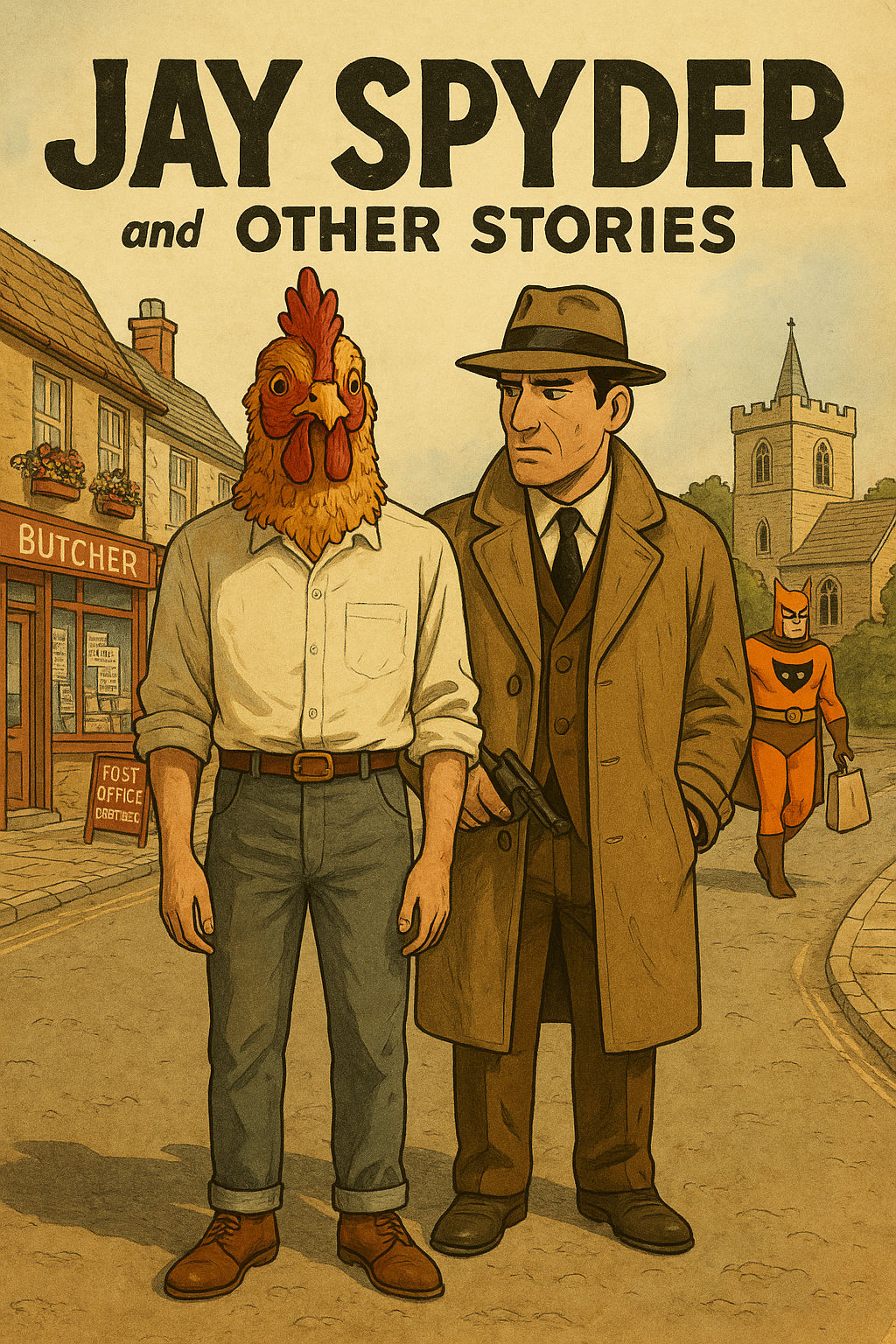 Chicken head man stands still as man with coat has double take, foxman super hero in background walks with his shopping ...