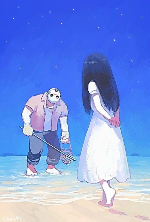 sadako se encuentra con jason voorhees pescando en un lago con un arpon
