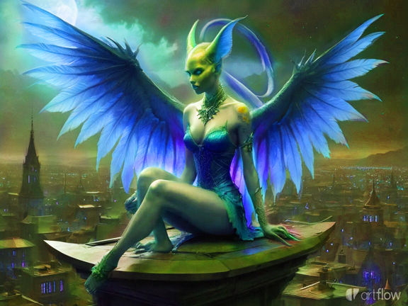 Hyper realistic smooth fluid movements gargoyle looking being shifts to their feet wings fluttering, prehensile tail swi...