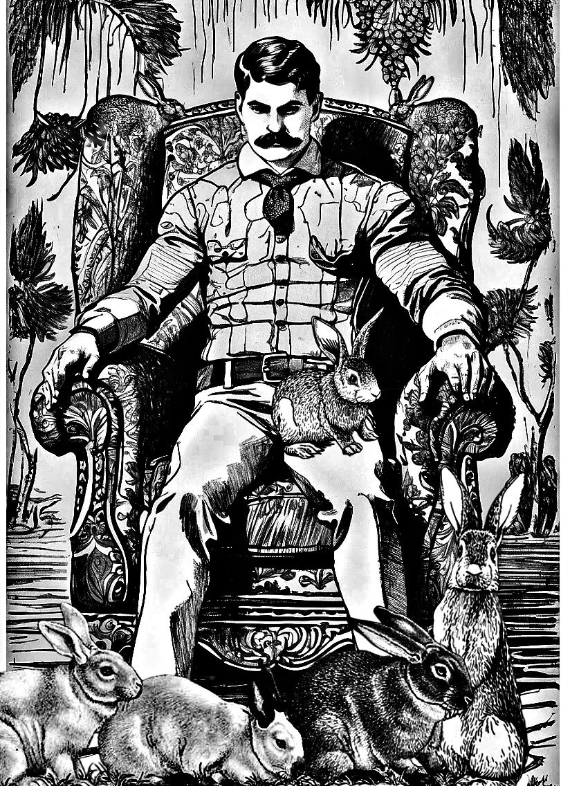 A vintage illustration of a muscular man wearing a tuxedo sitting on a luxury armchair with a rabbit on his lap. Detailed textures. He has a...