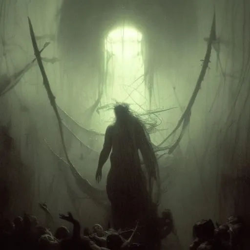 a grotesque, tormented figure with a disturbing smile. The artwork evokes the style of classic horror illustrations, rendered with dramatic ...