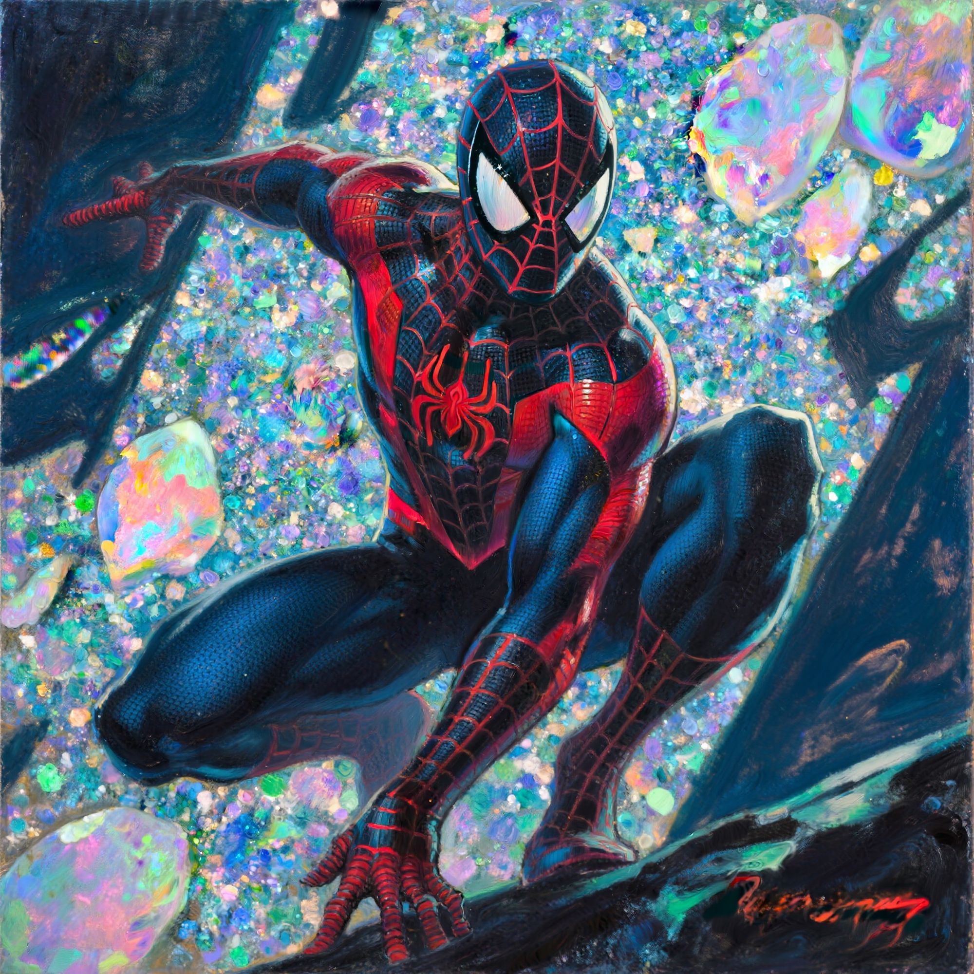 8k spiderman 2099 in holographic weather slings his web off of a cliff!! lol