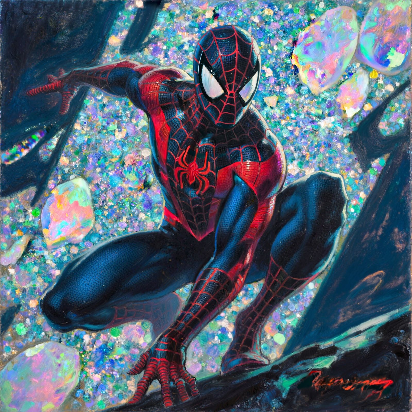 8k spiderman 2099 in holographic weather slings his web off of a cliff!! lol