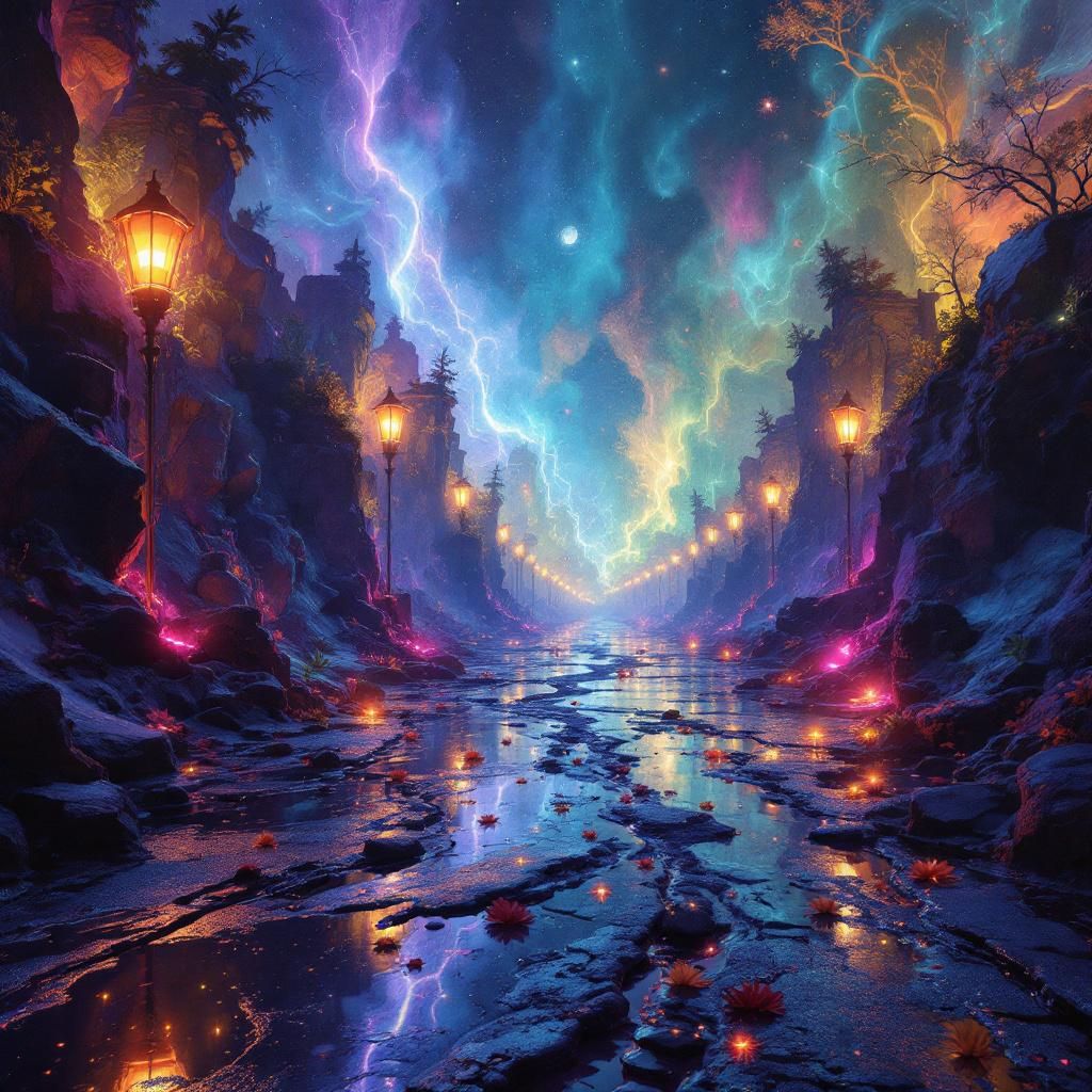 Night scene, intricately detailed trending on Artstation triadic colors Unreal Engine volumetric lighting romanticism psychedelic art mixed ... - Start Image 2