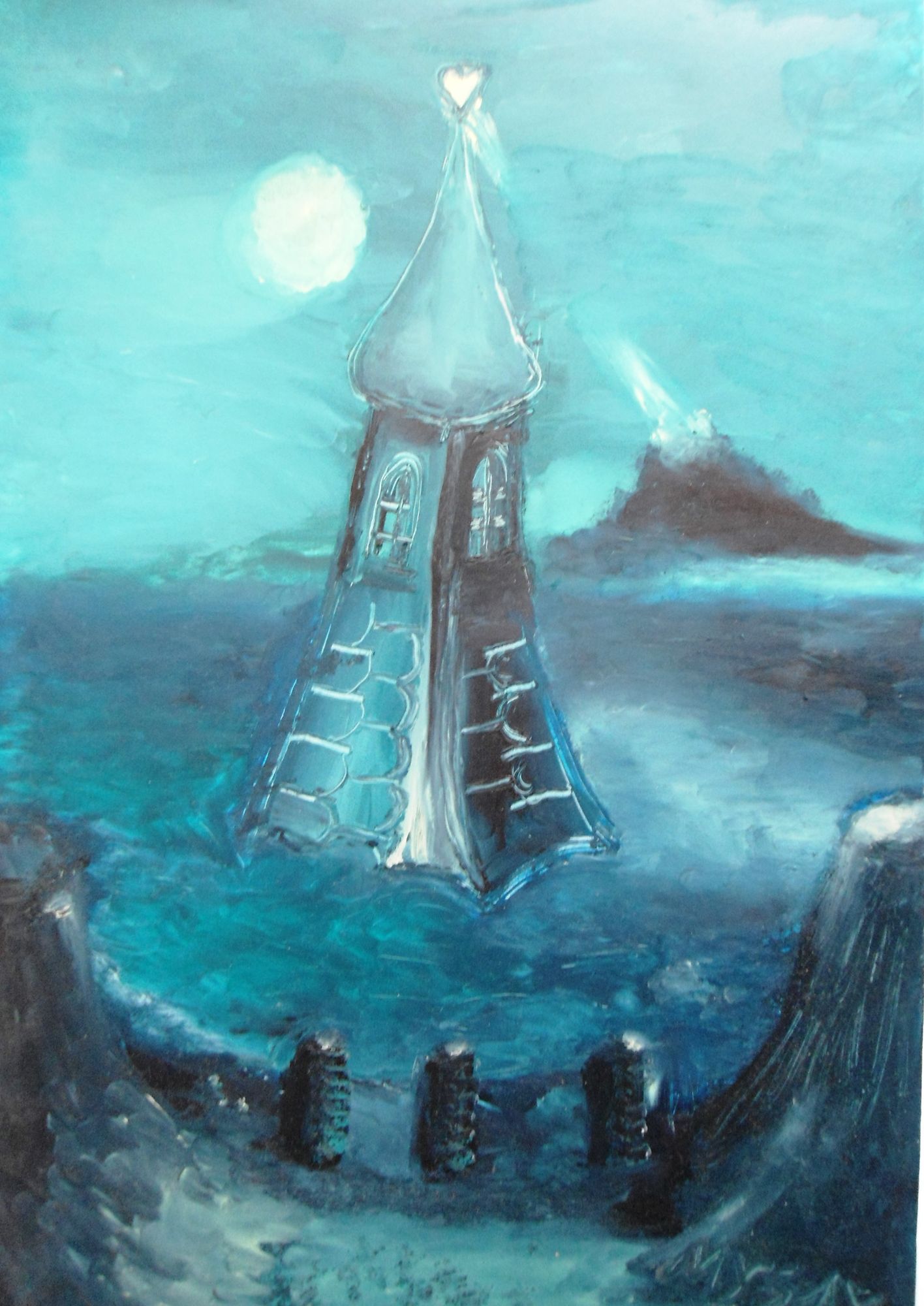  blue sea  tower and moon