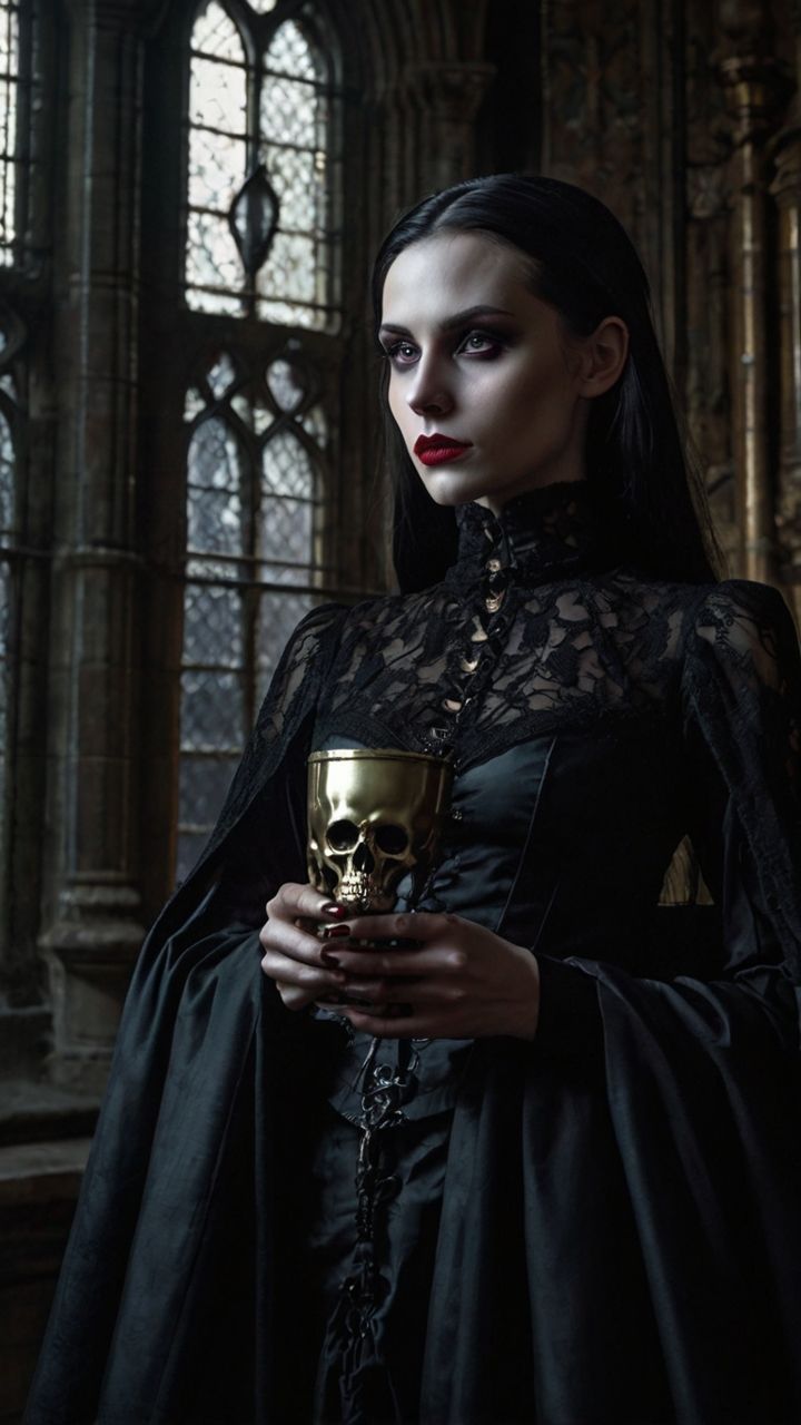 Mujer vampiro in a gothic setting.