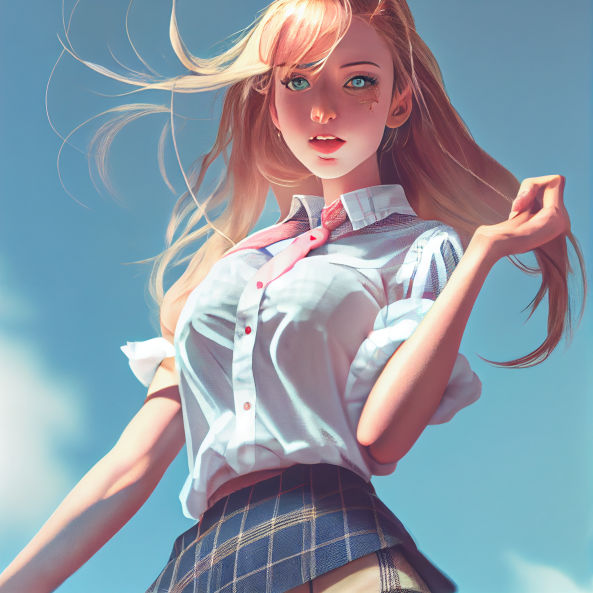 low angle photo of a redhead girl wearing a skirt and a white top