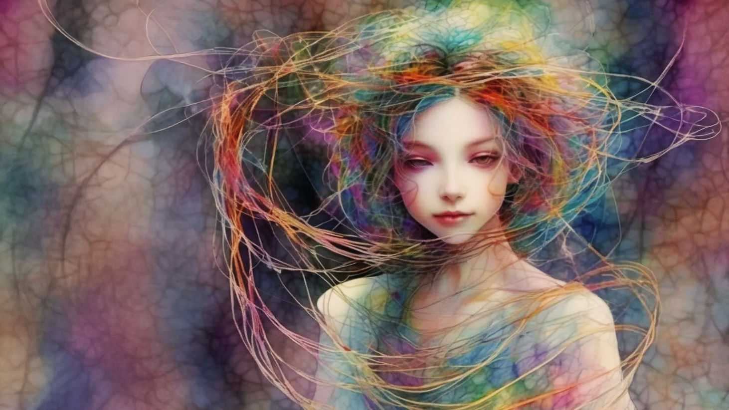 a painting of a woman with colorful hair, Heise Lian Yan Fang, psychedelic flowing hair, by Hua Yan, by Li Di, by Wu Shixian, by Zhou Wenjin...