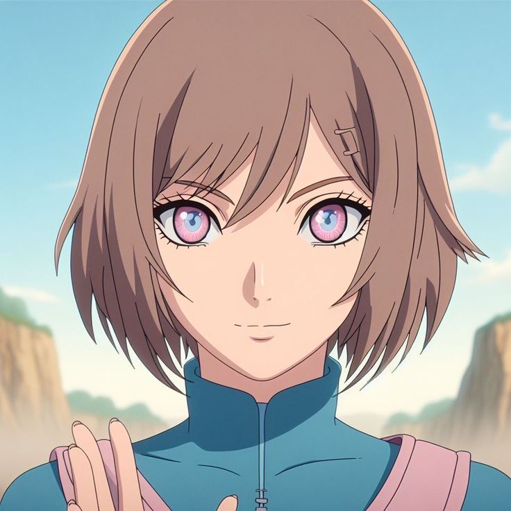 A female shinobi with chin length white hair with brown eye color, olive green kimono with black shirt underneath, grey short, blue sandals