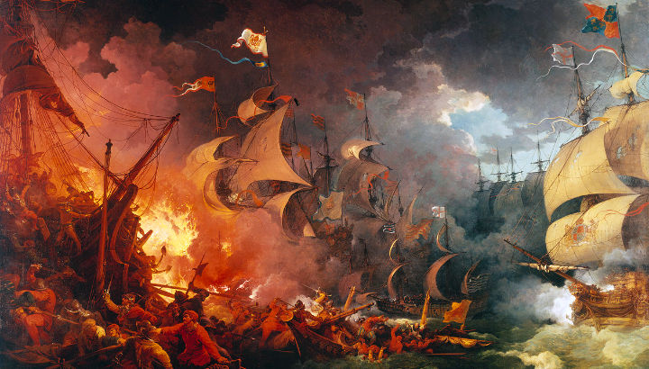 Nave pirata che sorvola i mari sotto una tempesta violenta mentre viene abbordata da una nave inglese le due ciurma si s...