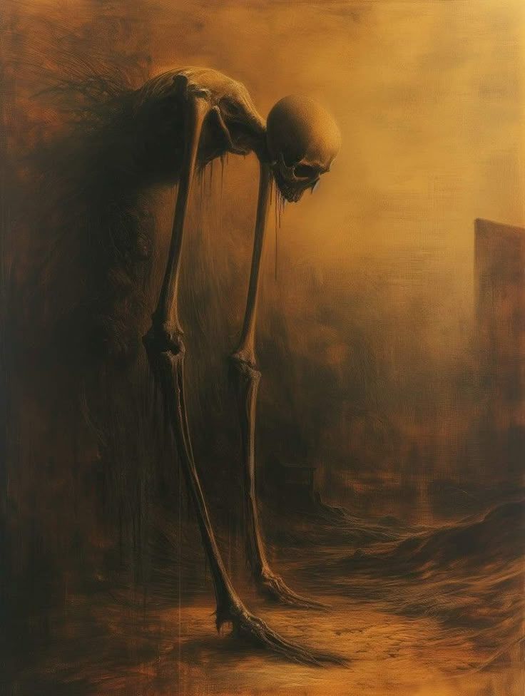 A haunting, surreal painting dominated by a single, towering skeletal figure with impossibly long, spindly arms that stretch down to the gro...