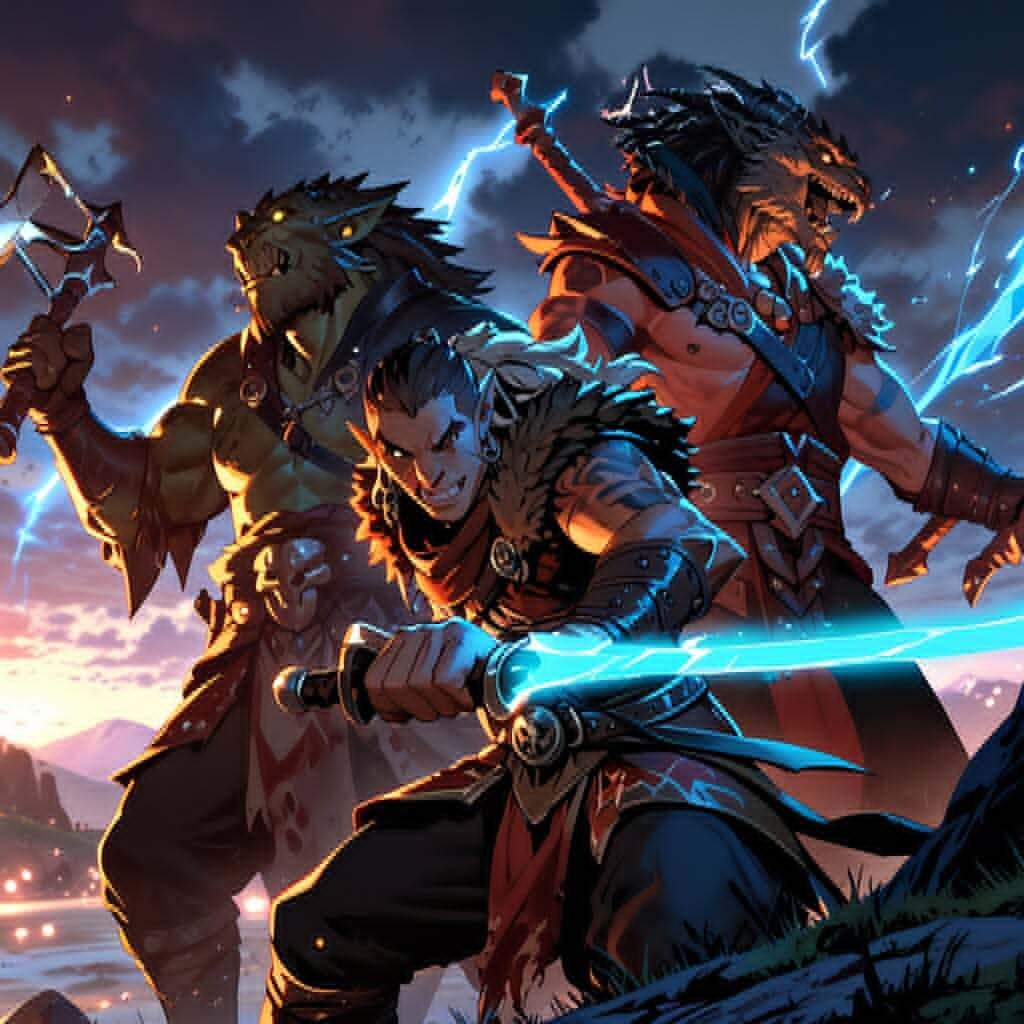 a group of 3 adventurer, the one in the front is a thief rogue with a dague, behind on the left, it's an half orc barbarian holding an axe,...
