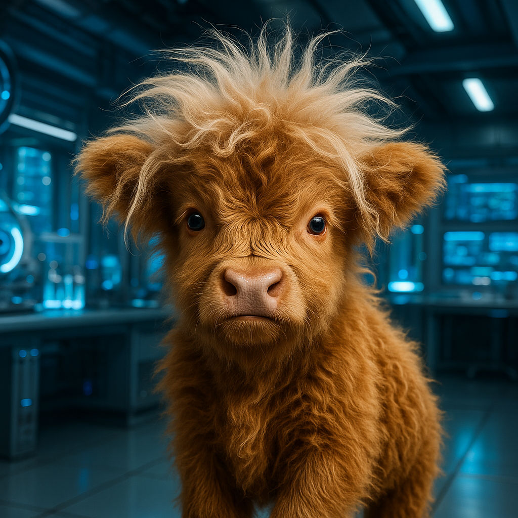 A cute highland cow goes out off the frame to pull in a rolling board full of physics formulas. The fur on hir head flutters in a messy way ...