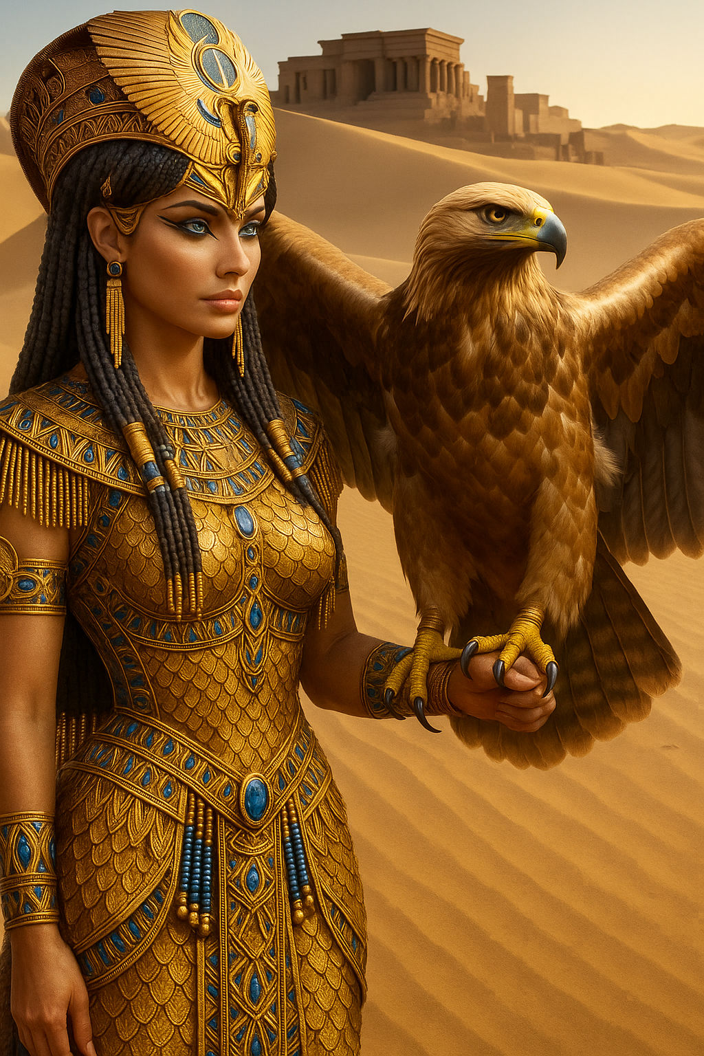 Cleopatra lets the falcon fly as the wind blows her hair and dress