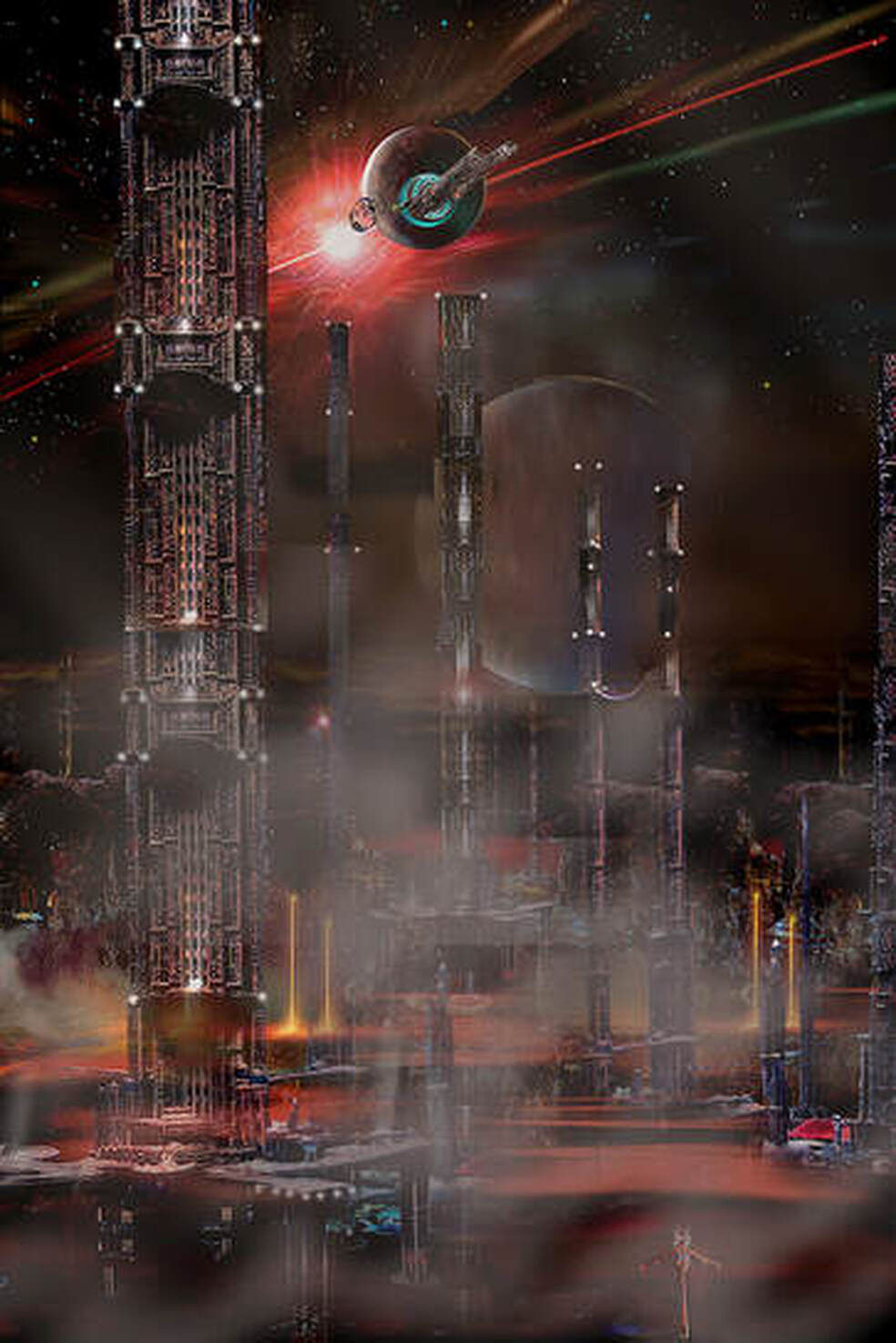 A portrait of a beautiful blonde woman time travel explorer surrounded by an alien landscape of towering tree cities.  head and shoulders po...