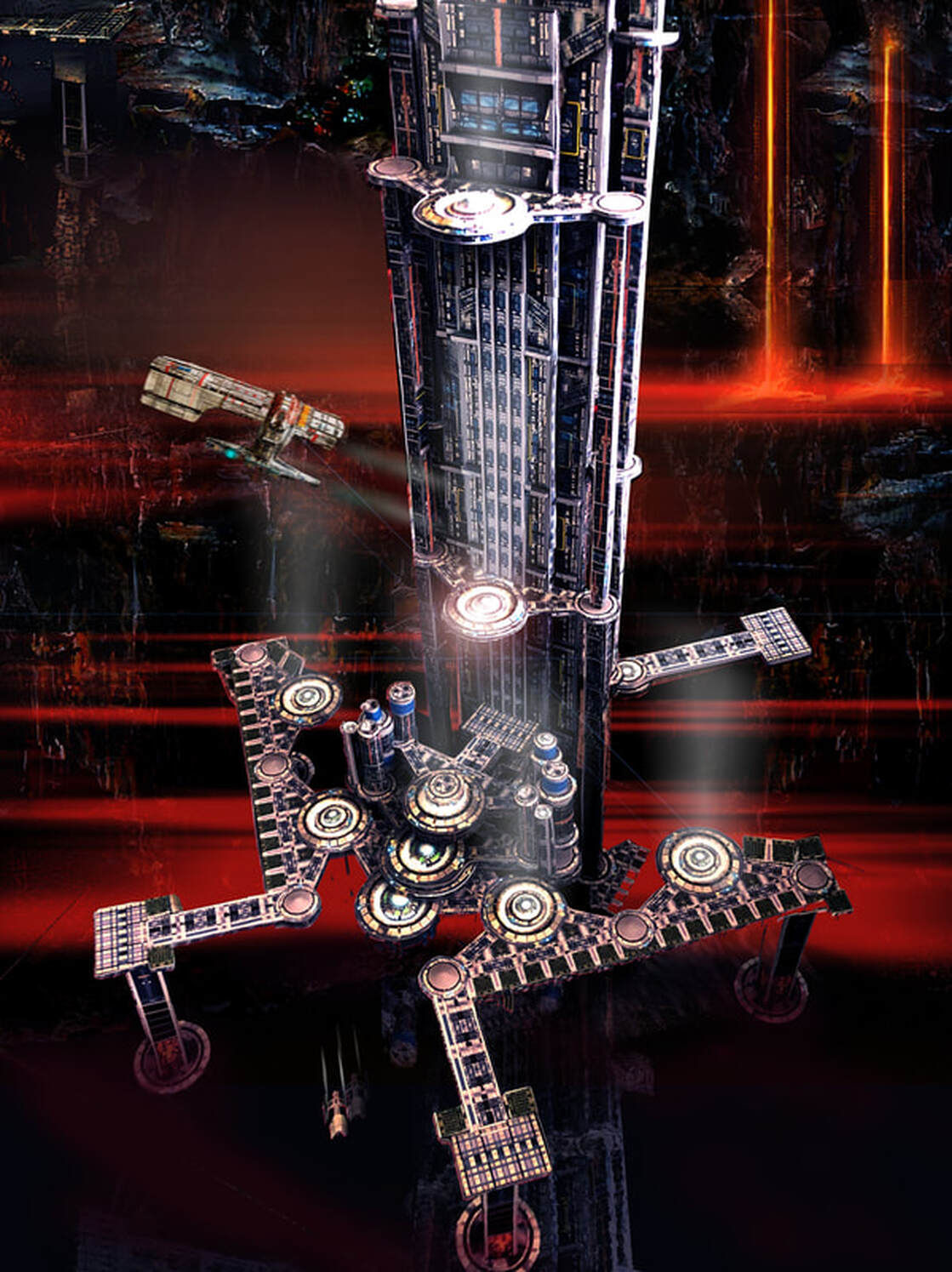 A portrait of beautiful blonde fantasy woman explorer stands before a massive spiral vortex between mountain peaks on an alien world surroun...