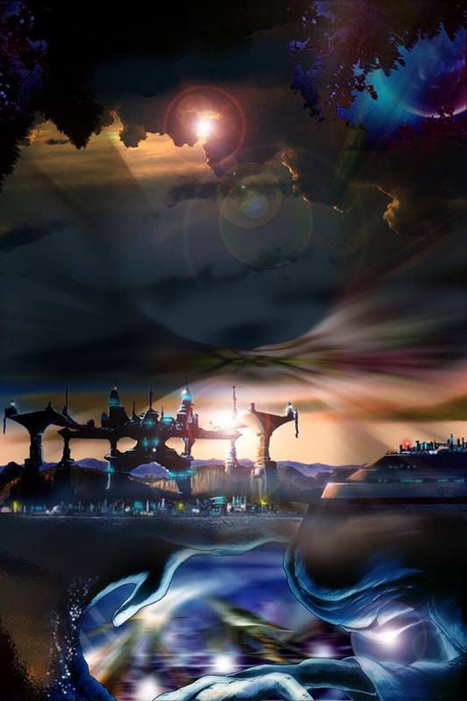 A group of three lead by a beautiful blonde travels a gigantic silhouetted tree branch stretching between enormous tress surrounded by water...