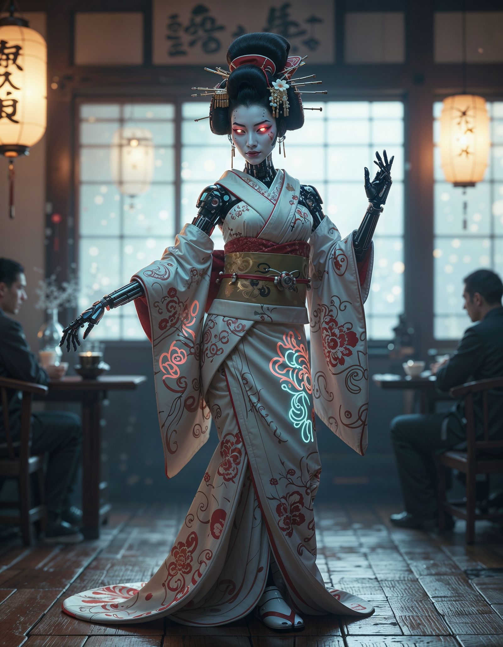 Robotic geisha smiles to show electrically charged teeth during a ceremonial dance