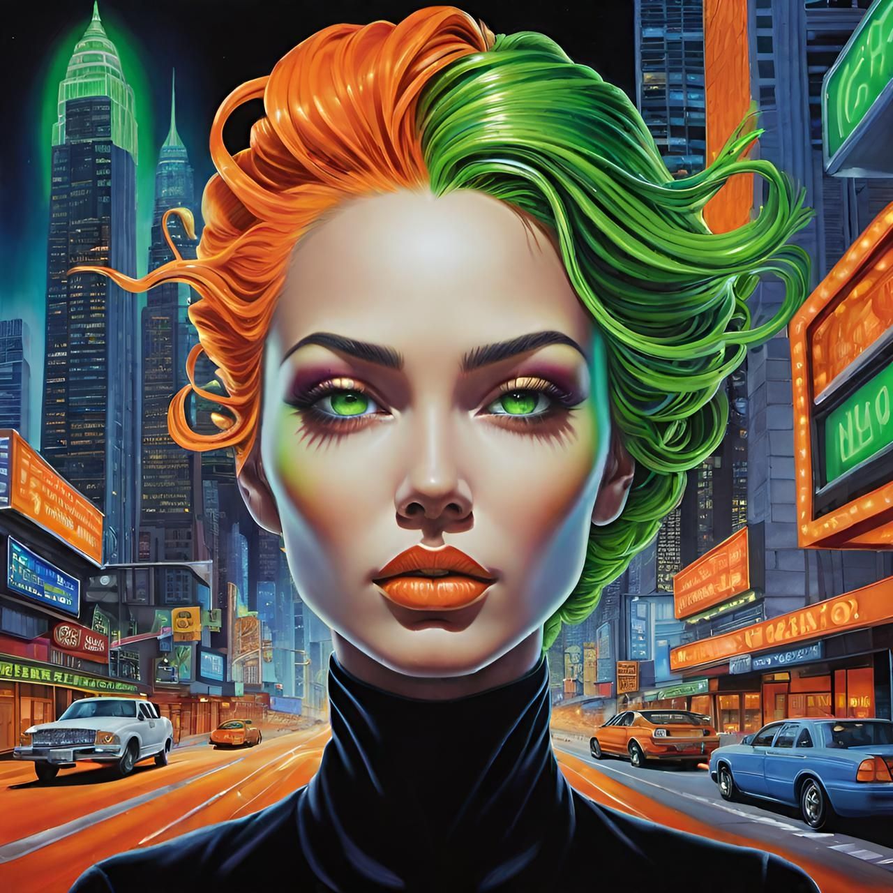 Optical illusion art. A woman's face seamlessly merges with a vibrant cityscape, lit by neon green and orange lights. 