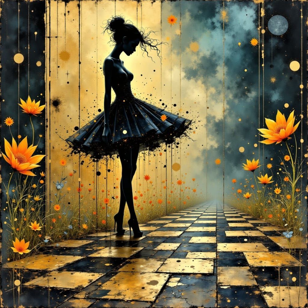 Rain-slicked cobblestone streets reflecting neon lights under a cool spring night sky, a provocative flirty naughty cute red haired woman in...