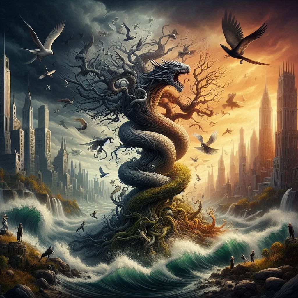 A massive, stylized tree-like creature, resembling a dragon intertwined with gnarled roots and branches, dominates the image.  Its form is a...