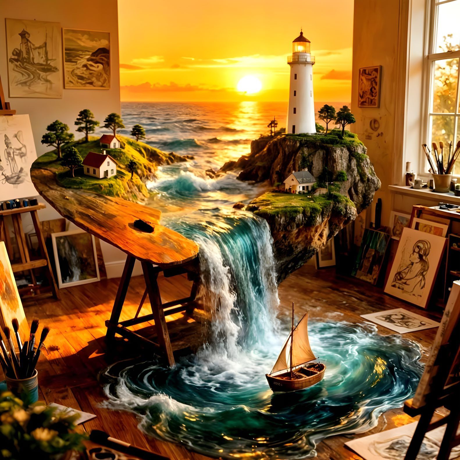 Convert to hyperdetailed Hyperrealistic style while maintaining the composition with artist's studio, coastal landscape, a floating island, ... - Start Image 2