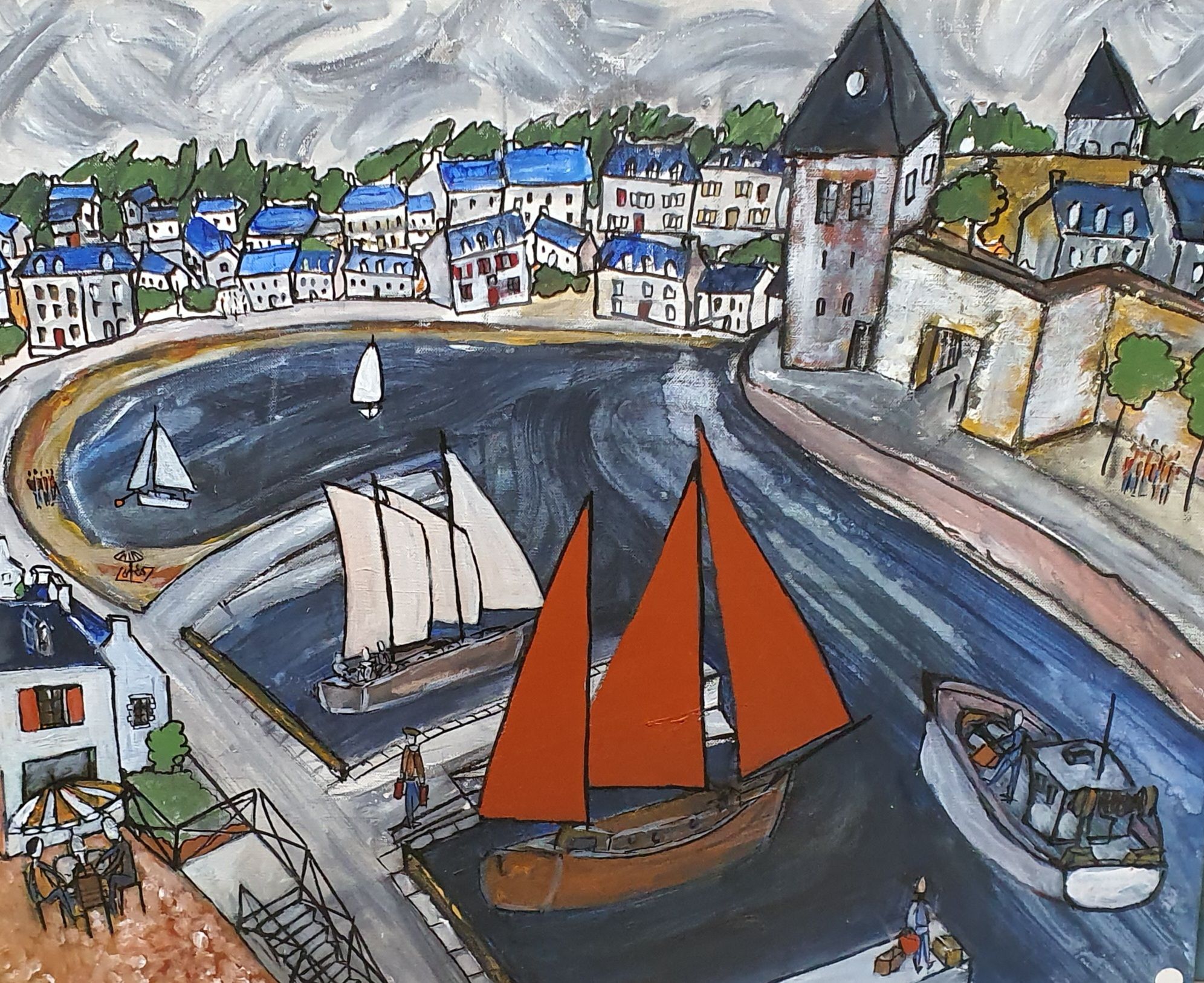 A vibrant, stylized painting depicts a seaside village harbor scene. Dominating the foreground are two sailboats