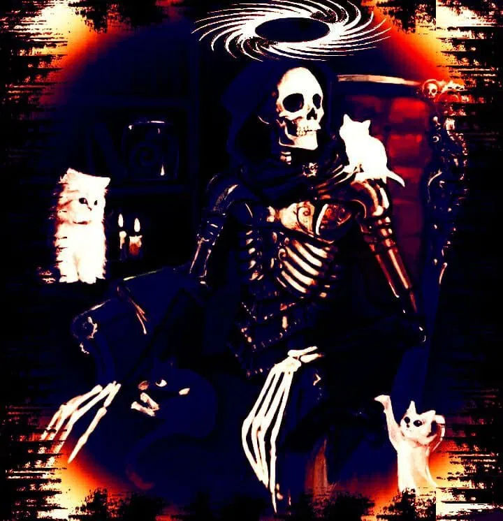 The Skeletal Archlich with a Serrated Halo adorning his head is Surrounded by cats in his study & is petting & doting over them 
