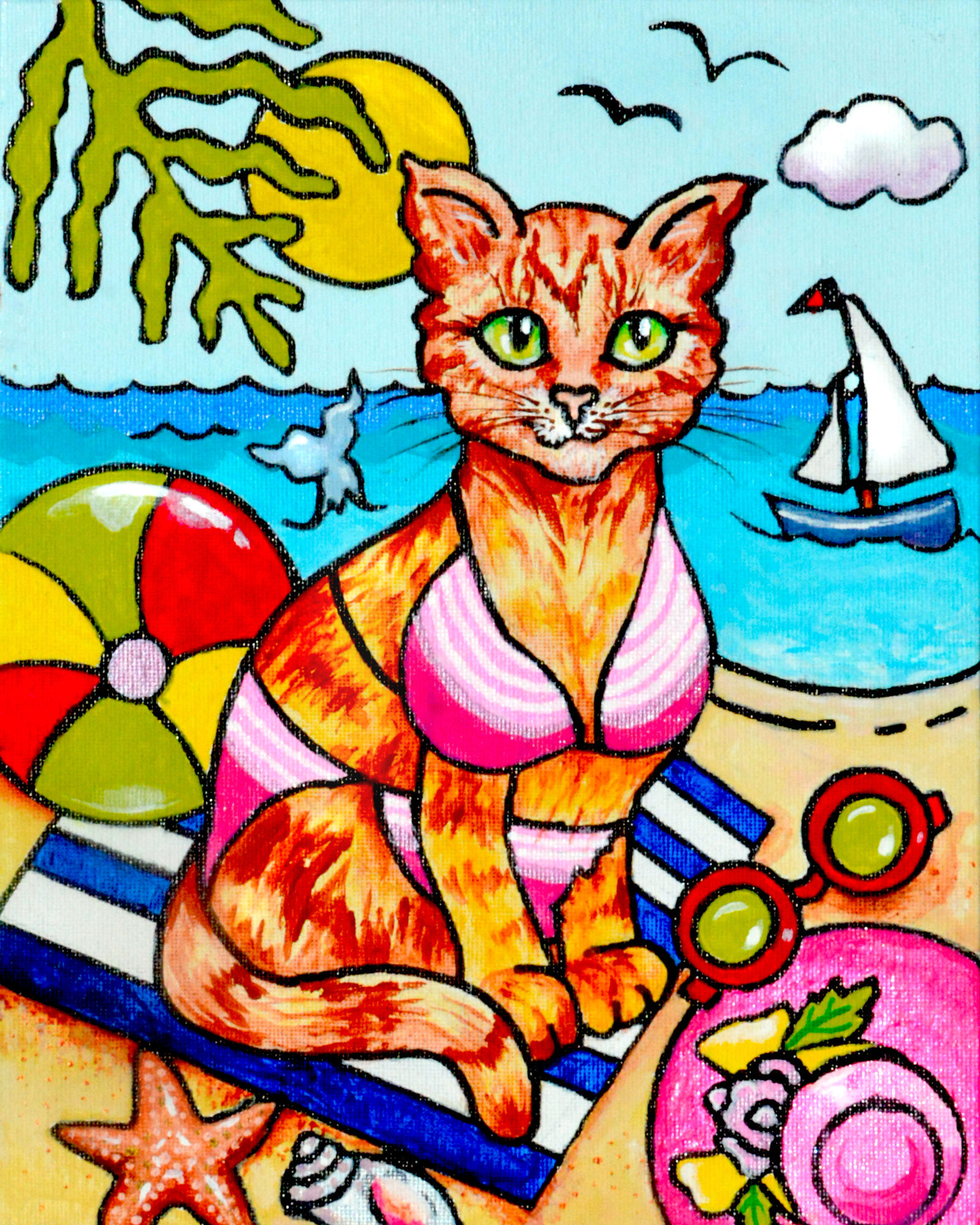 Cat in a tropical jungle with flowers cubist painting, Neo-Cubism, layered overlapping geometry, art deco painting, Dribbble, geometric fauv...