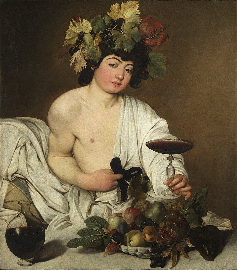 Bacchus by Caravaggio in Art Nouveau style by Alphonse Mucha