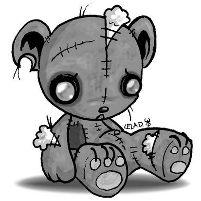 Angry Cyborg teddy with cuts and scars in a horror setting
