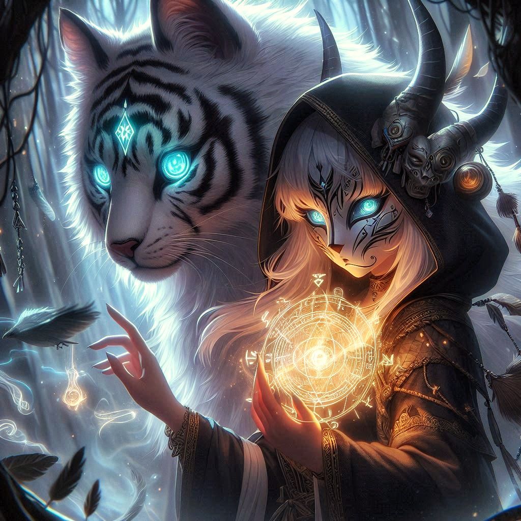 Furry art style with blsck magic elements and a cute furry girl witch magic forest spirits shadowy creatures