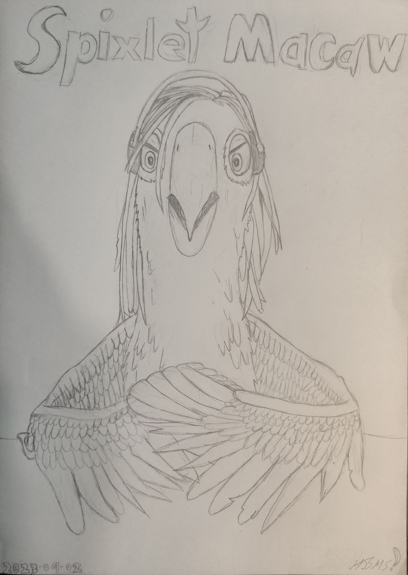 Blue Cyan Spix Macaw with Long hair and headphones