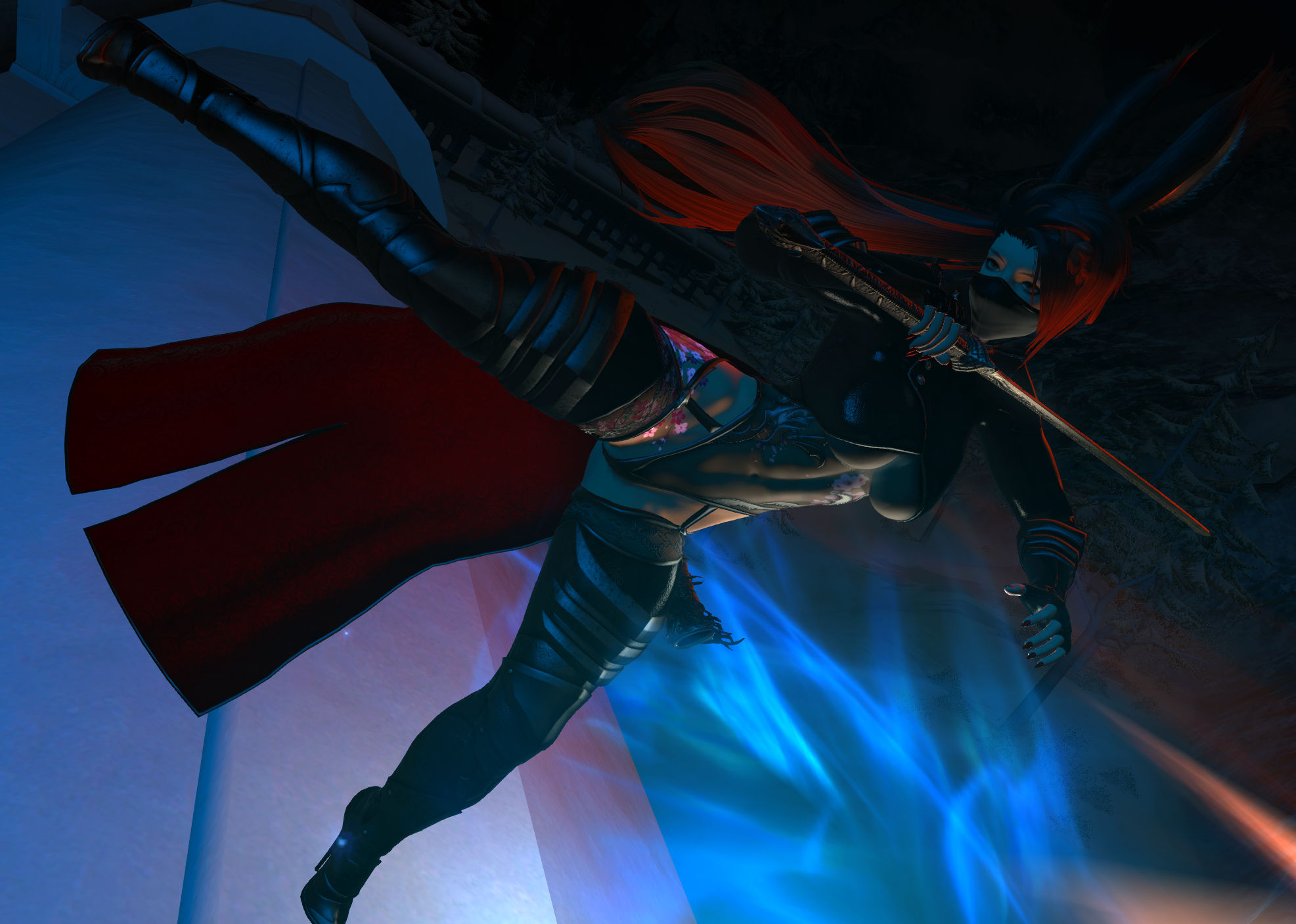 Female Viera in a snowy landscape using a katana, strong and ripped