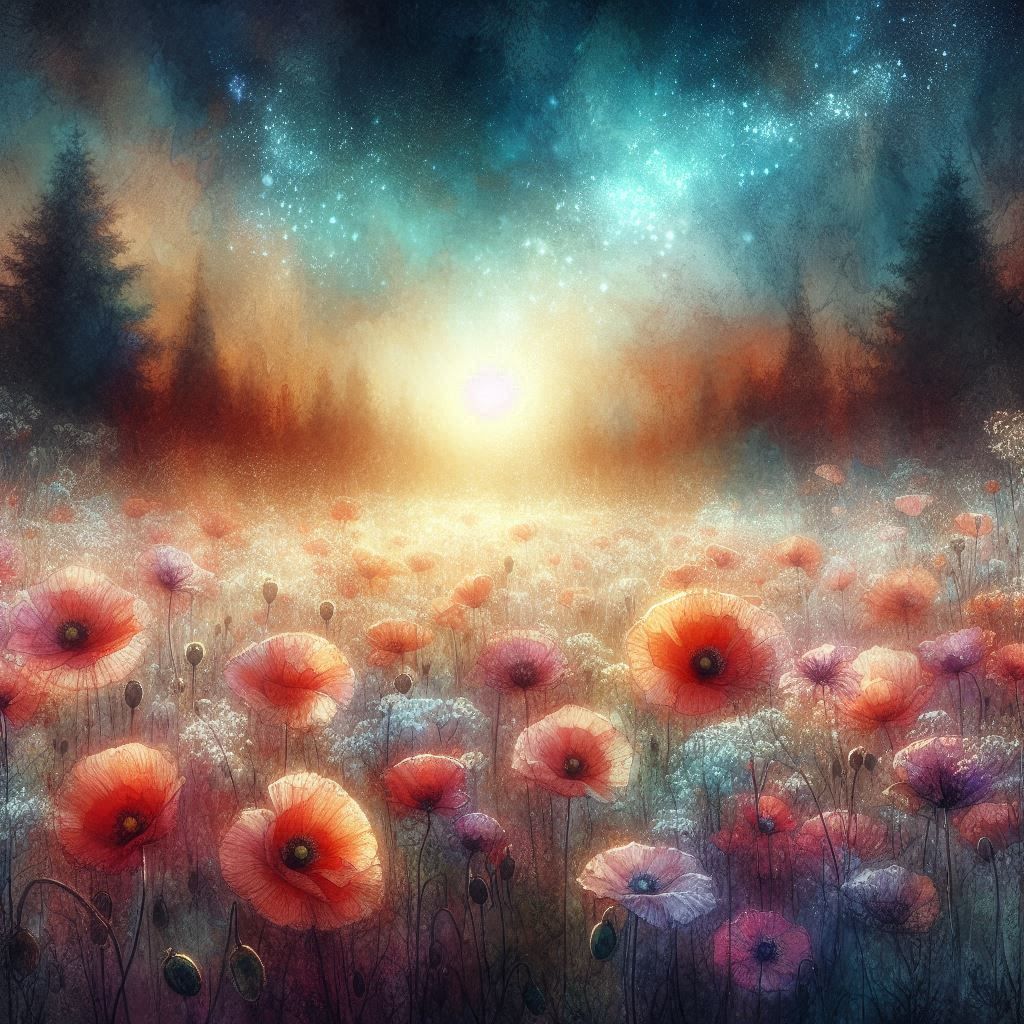stunning watercolor & chalk art painterly fantasy artistic painting: beautiful poppy field under dark magical sky. Poppies well formed & de...