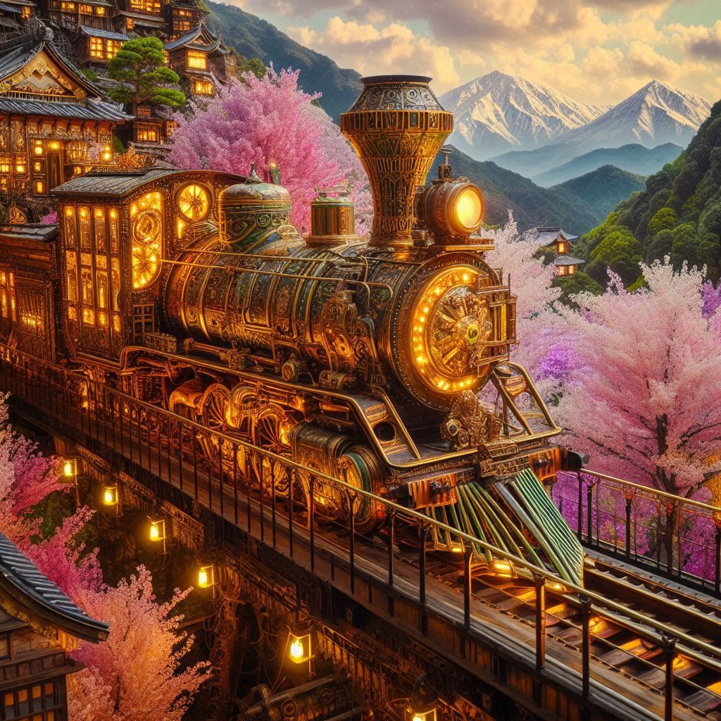 steampunk train traveling through steampunk Japan. intricate detail. sakura trees, mountain view. beautiful lighting. very colorful. bright....
