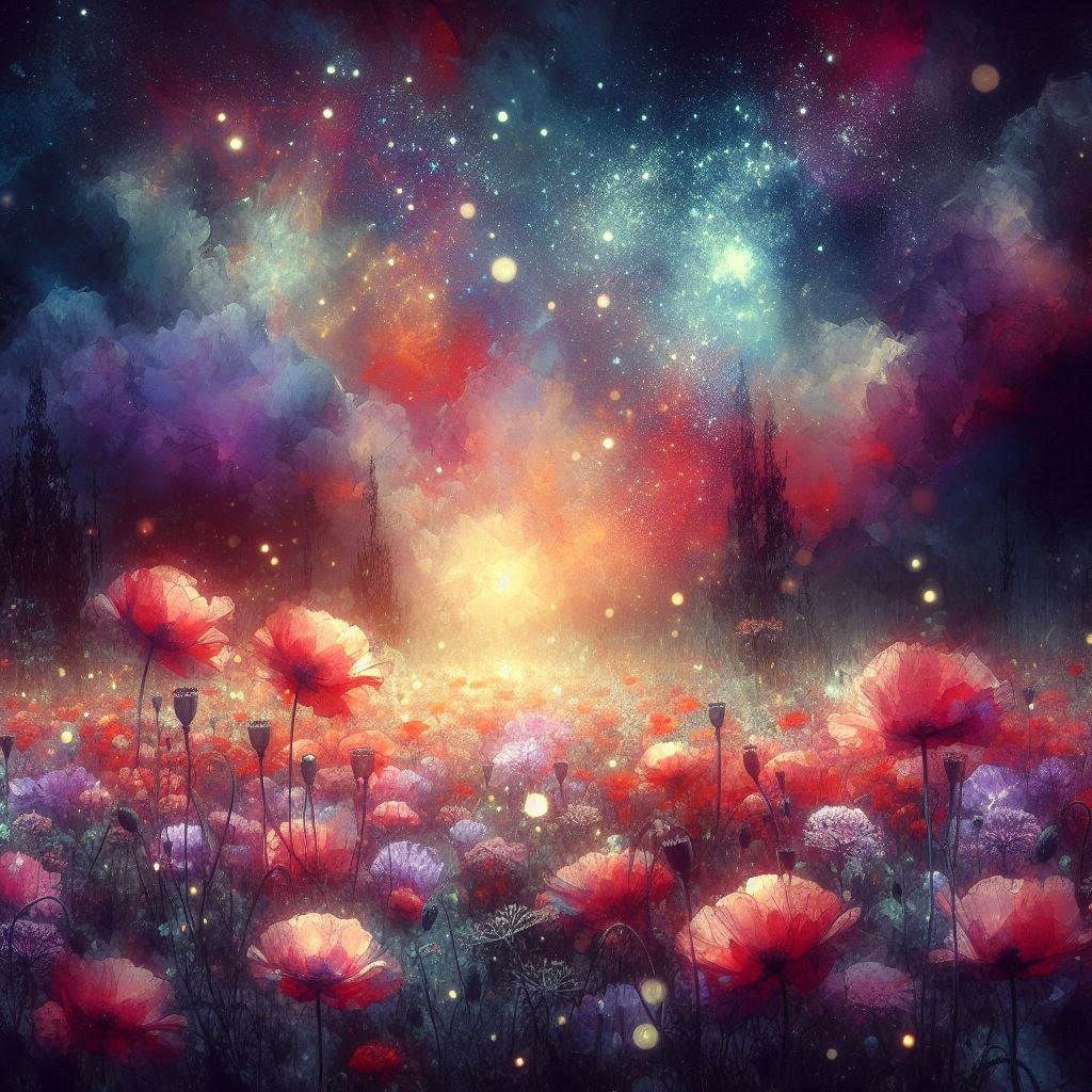 Red & Lilac watercolor poppies under a cosmic sky
