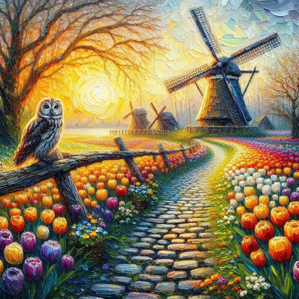 encaustic paint, dripping wet paint, monet brush strokes, a windmill stands in a beautiful field surrounded by Tulips of many different colo...