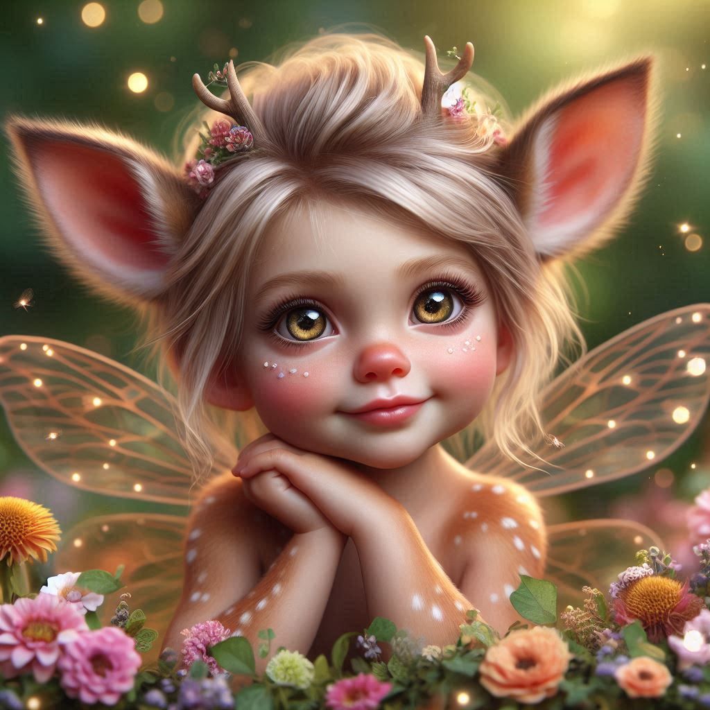 photo realistic, adorable young hybrid baby fairy, with some characteristics resmbling a fawn: fluffy small antler nubs & pointy ears, reali...