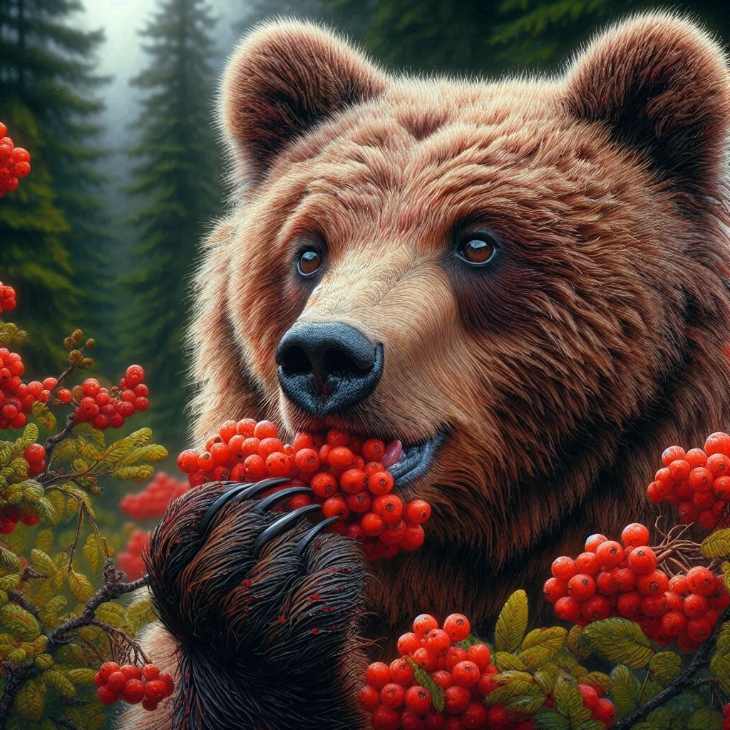 Hyper realistic airbrush painting style, Furry brown bear eating red berries, background-forest. Hyperrealistic, splash art, concept art, mi...