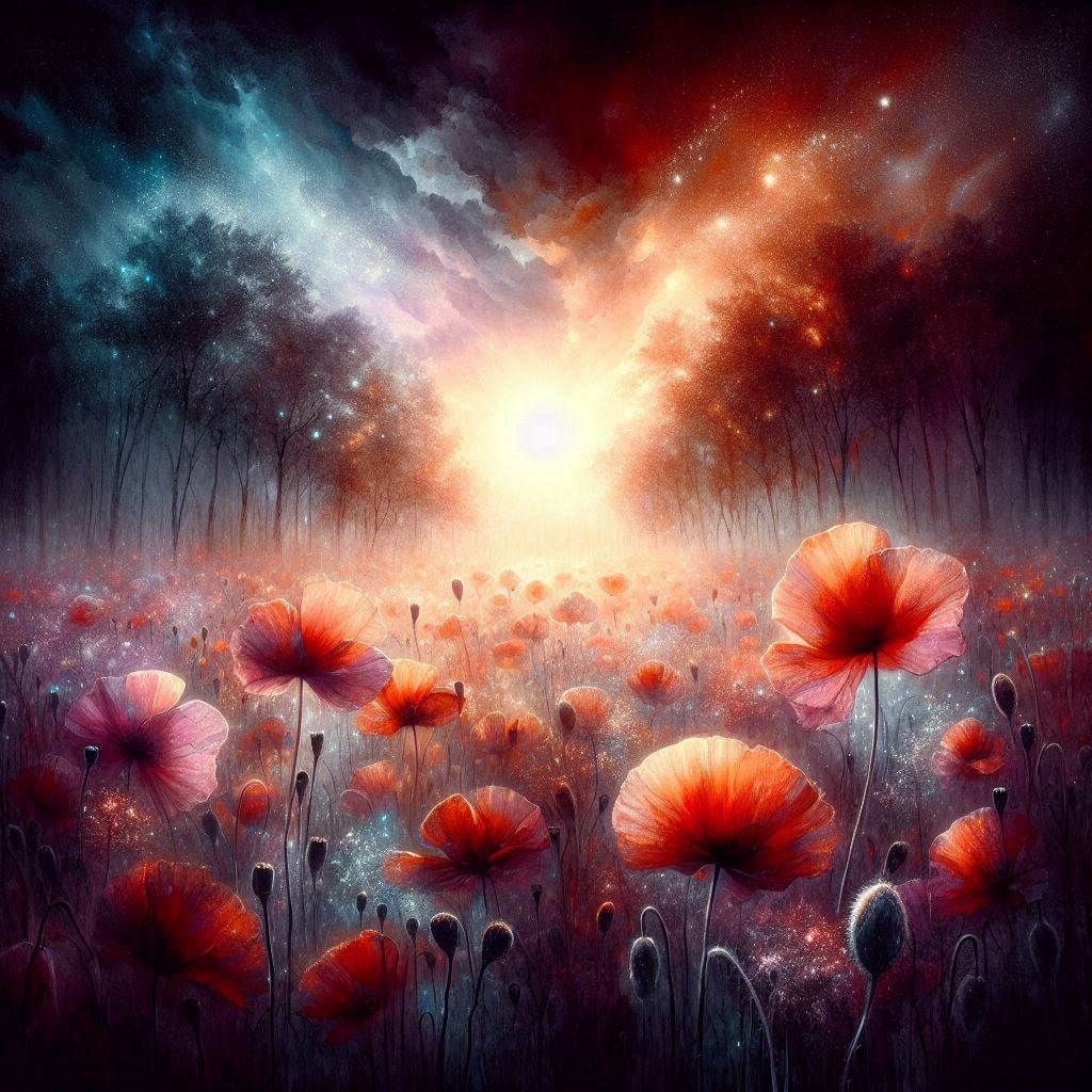 Poppies under a sunny dramatic sky