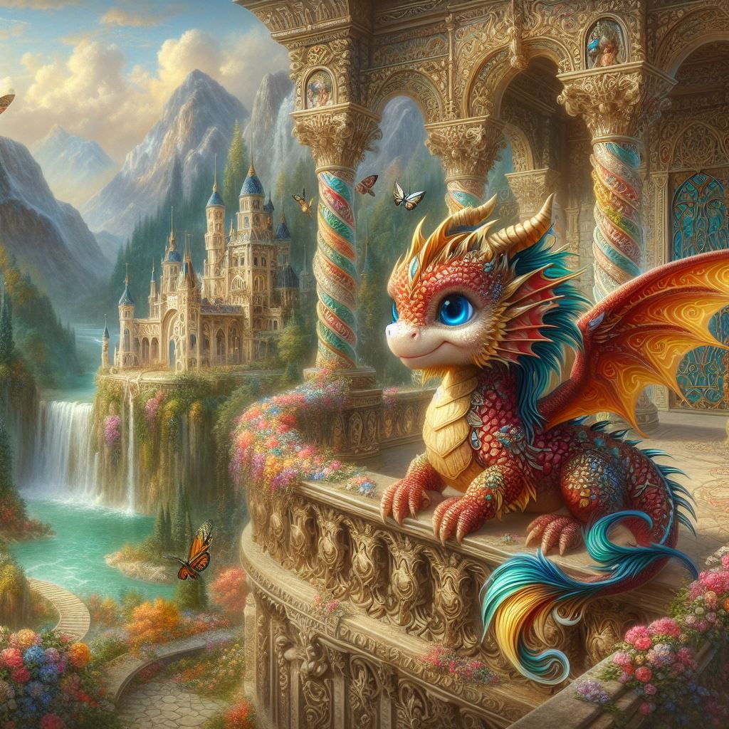 magical castle scene: with a cute, realistic blue eyed, red & Gold whimsical detailed dragon with intricate ornate dragon wings, perched on...