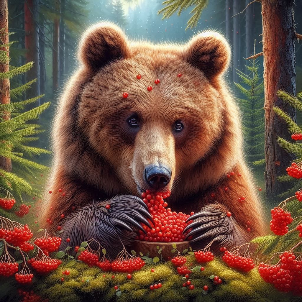 Hyper realistic airbrush painting style, Furry brown bear eating red berries, background-forest.