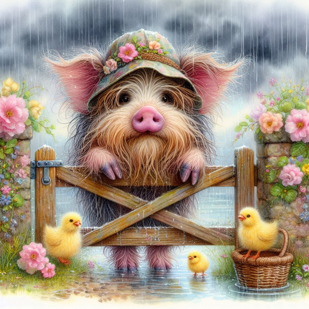pastel watercolour, whimsical sweet adorable scruffy long-haired pink & brown Kune Kune pig. the pig stands behind a CLOSED country gate, hi...