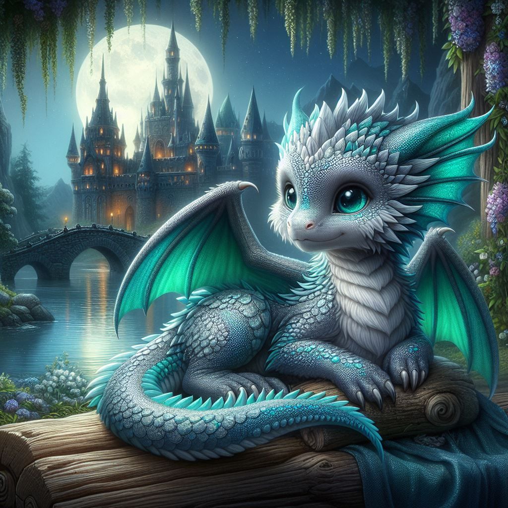 a small sweet baby dragon, turquoise & silver in color, with intricate glittering wings sat in a beautiful castle garden by a moonlit lake,...