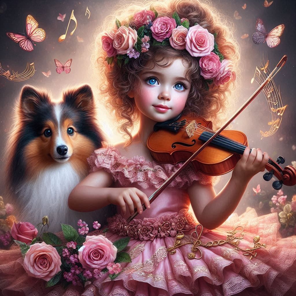 Cute Little girl playing Violin to her Sheltie